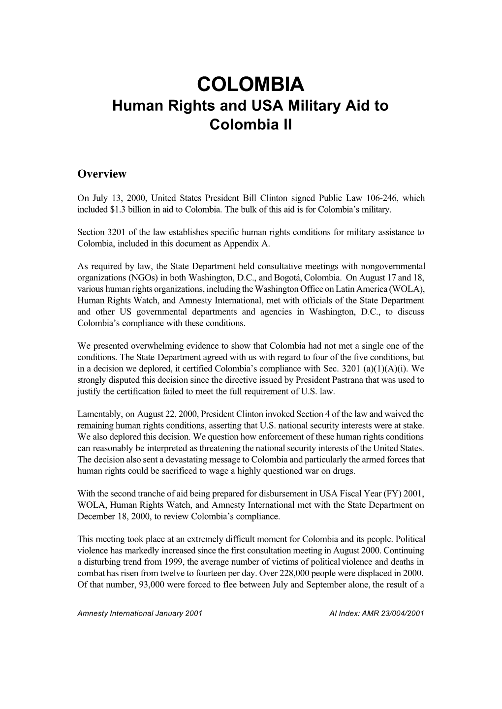 Human Rights and USA Military Aid to Colombia II