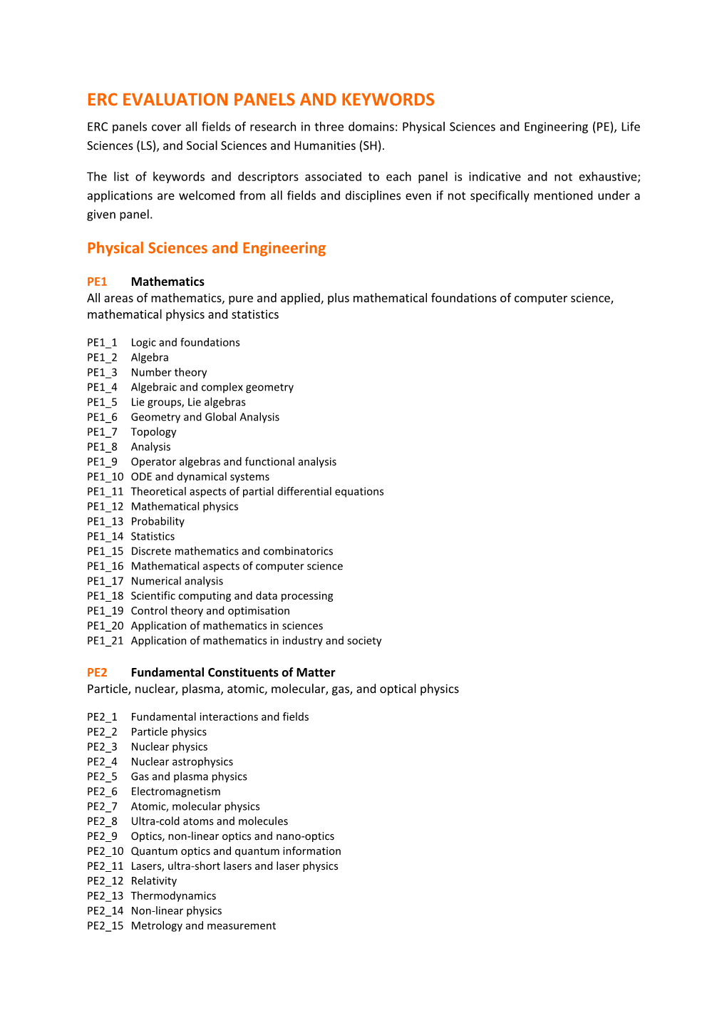 Erc Evaluation Panels and Keywords