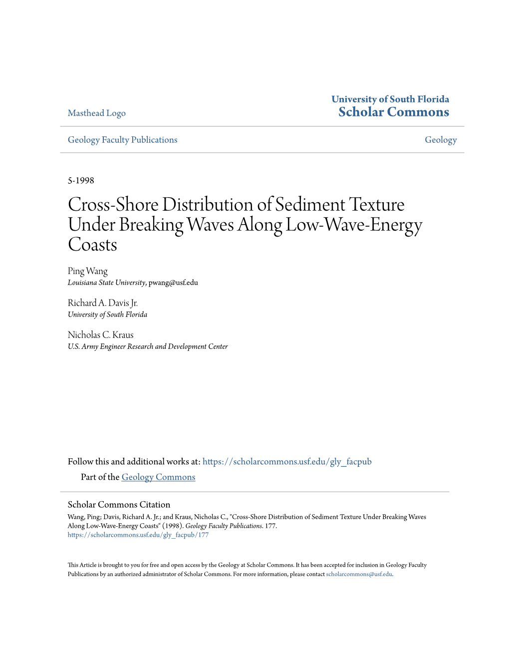 Cross-Shore Distribution of Sediment Texture Under Breaking Waves Along Low-Wave-Energy Coasts Ping Wang Louisiana State University, Pwang@Usf.Edu