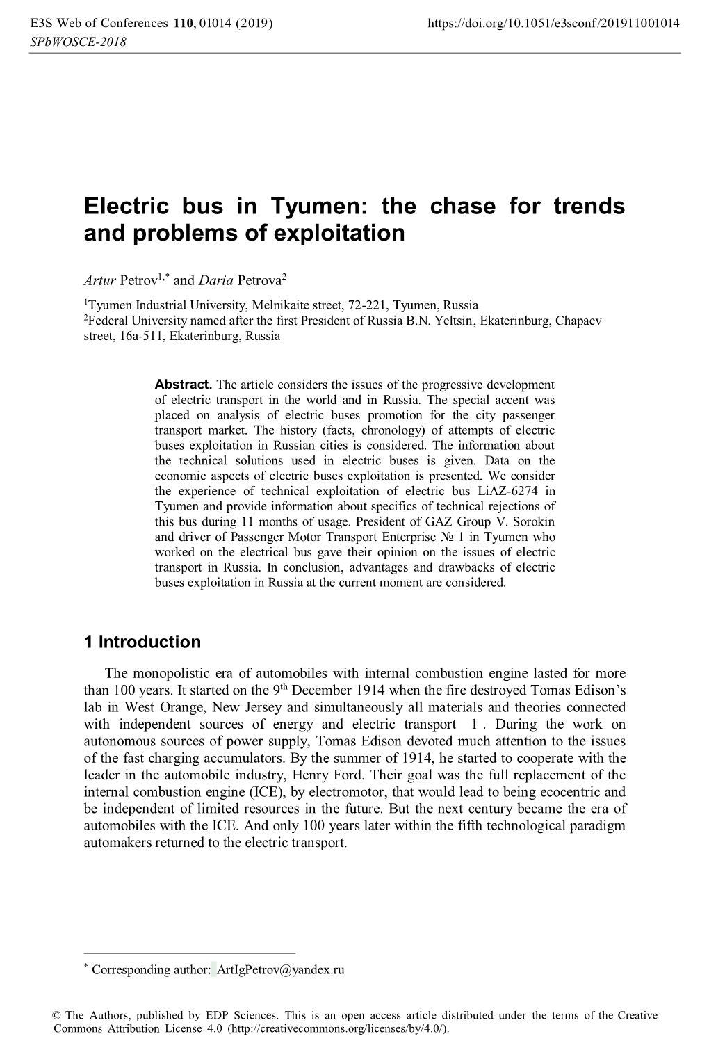 Electric Bus in Tyumen: the Chase for Trends and Problems of Exploitation