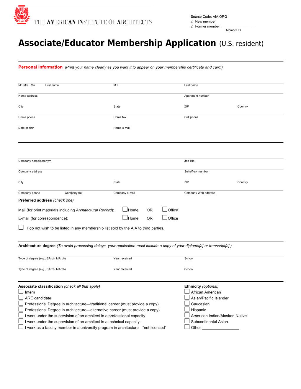 Associate/Educator Membership Application (U.S. Resident)