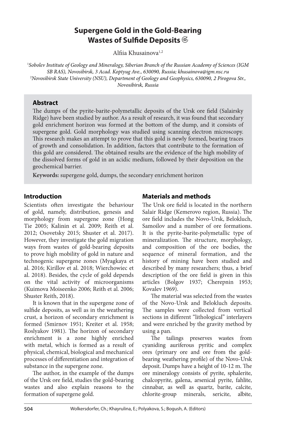 Supergene Gold in the Gold-Bearing Wastes of Sulfide Deposits Alfiia Khusainova1,2