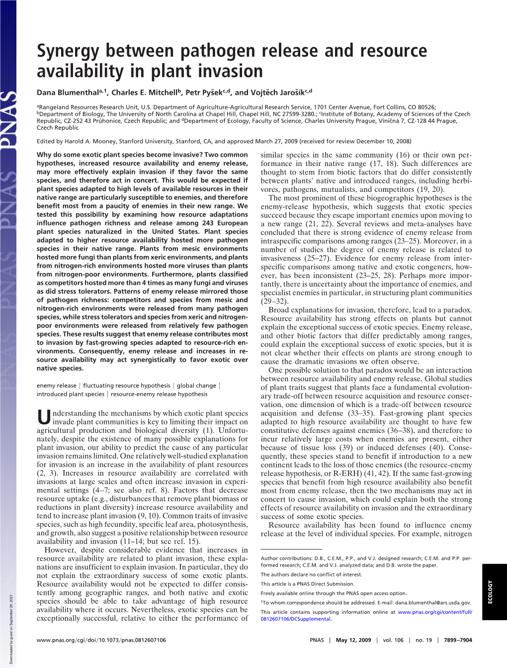 Synergy Between Pathogen Release and Resource Availability in Plant Invasion