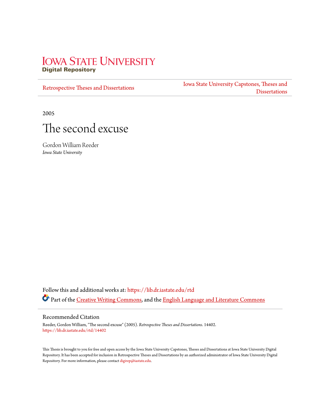 The Second Excuse Gordon William Reeder Iowa State University