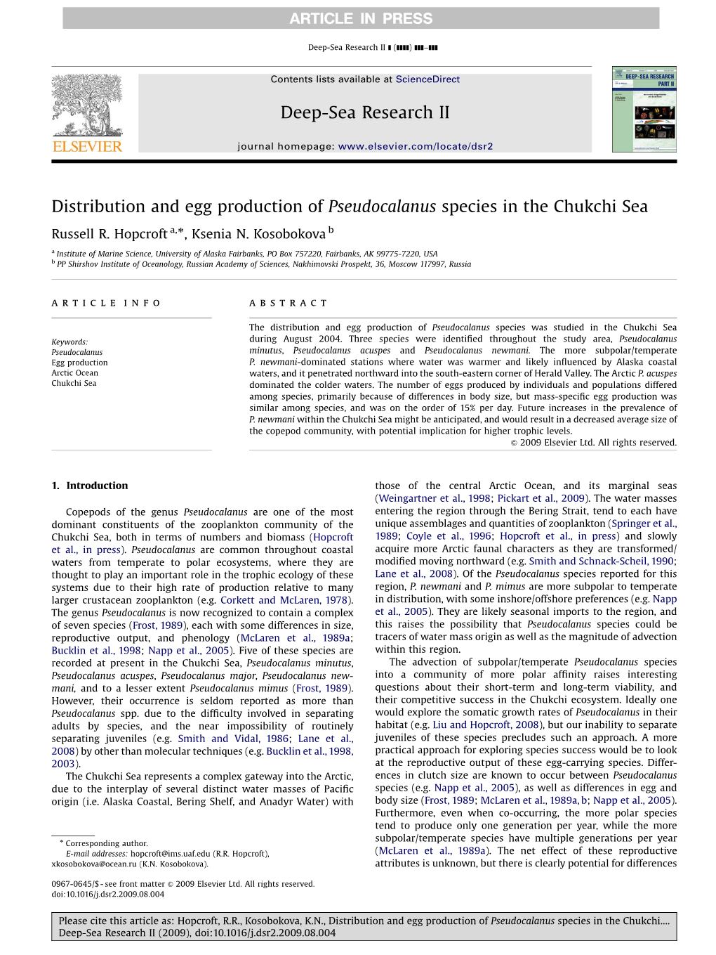 Distribution and Egg Production of Pseudocalanus Species in the Chukchi Sea