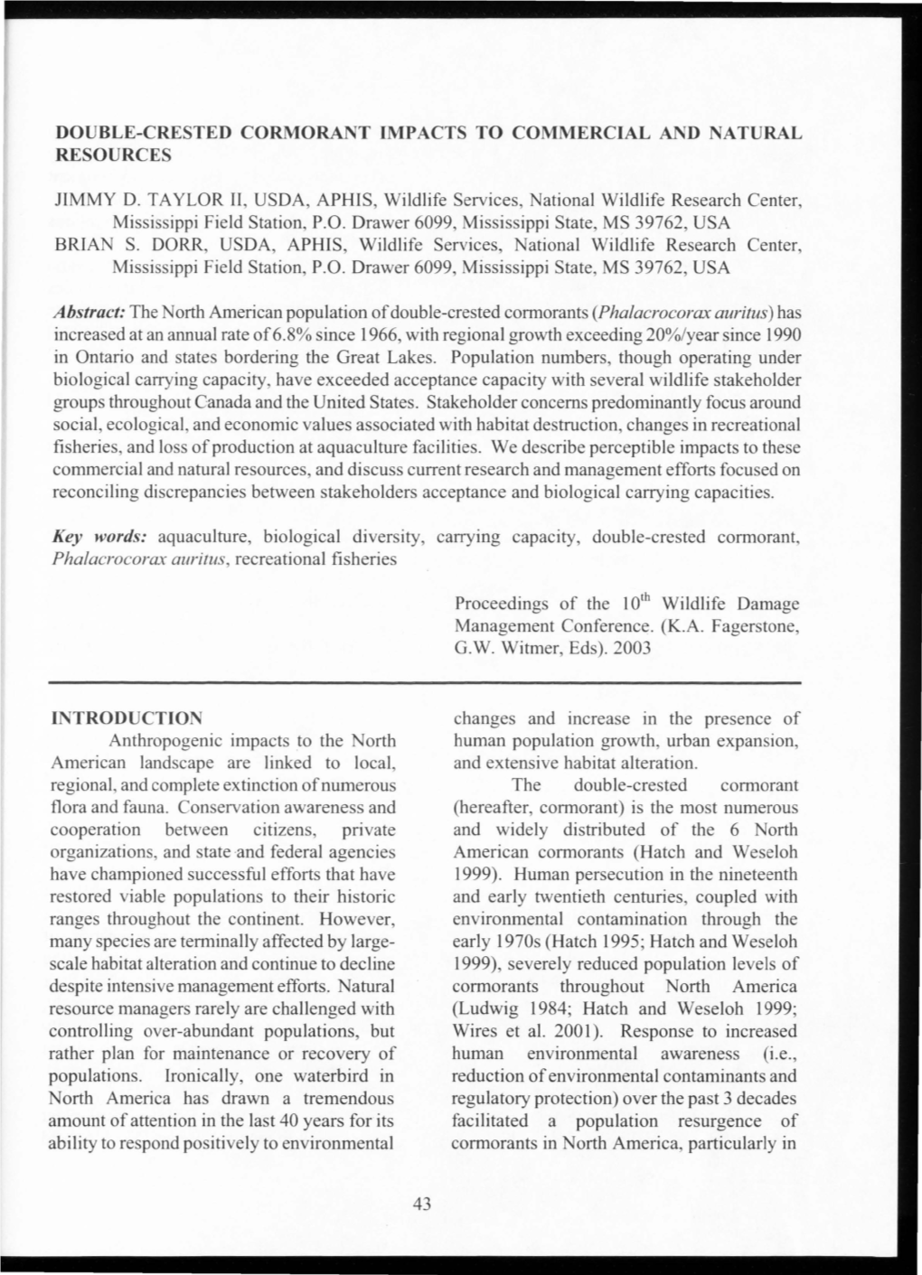 Double-Crested Cormorant Impacts to Commercial and Natural Resources