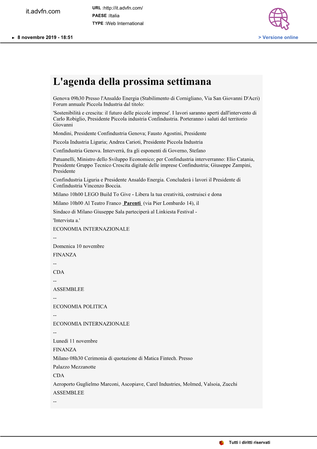 L'agenda Della Prossima Settimana