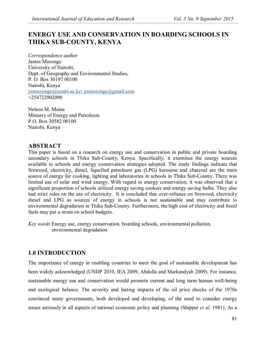 Energy Use and Conservation in Boarding Schools in Thika Sub-County, Kenya