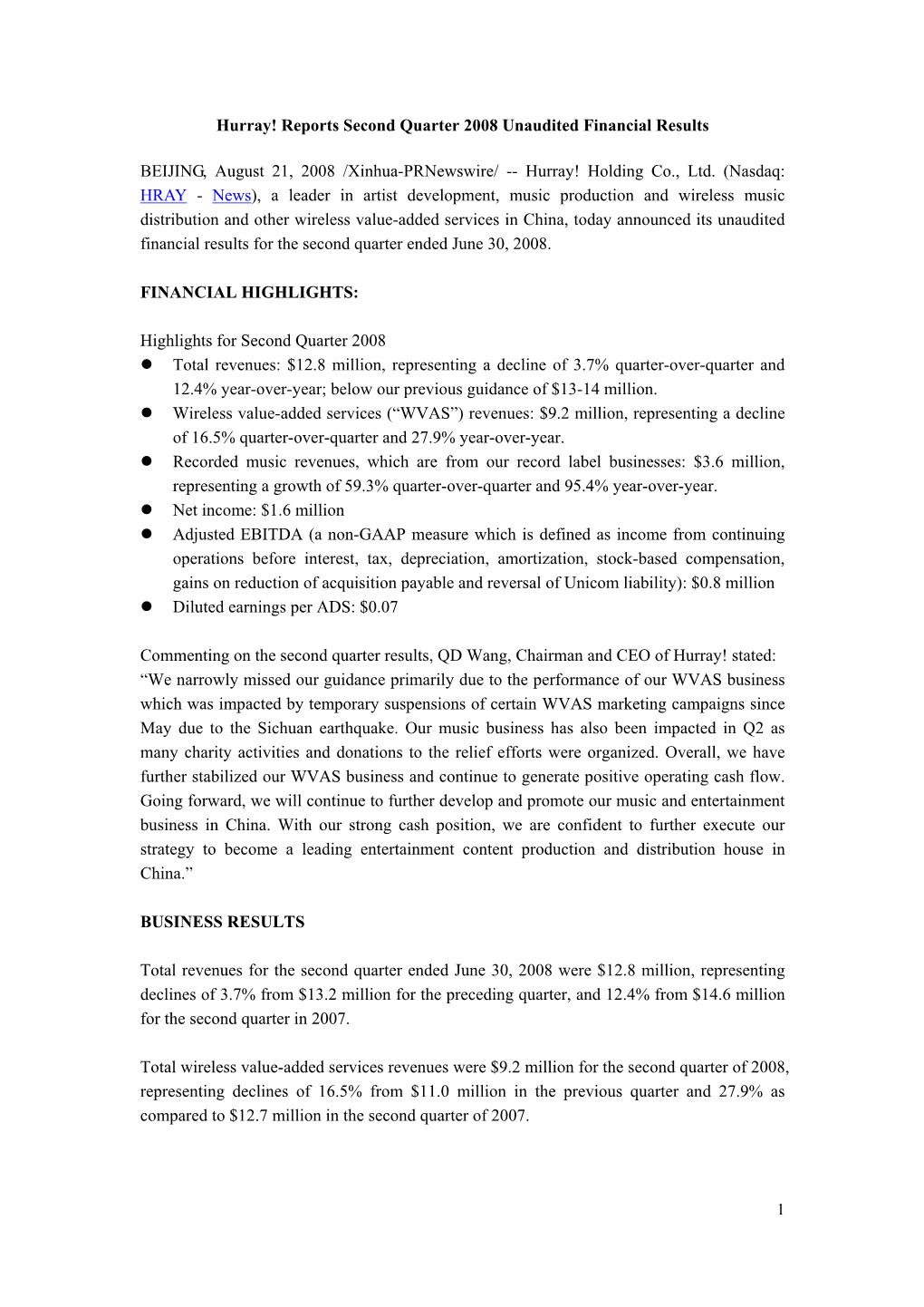 Reports Second Quarter 2008 Unaudited Financial Results BEIJING