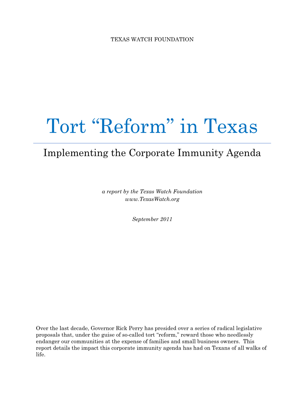 Tort “Reform” in Texas