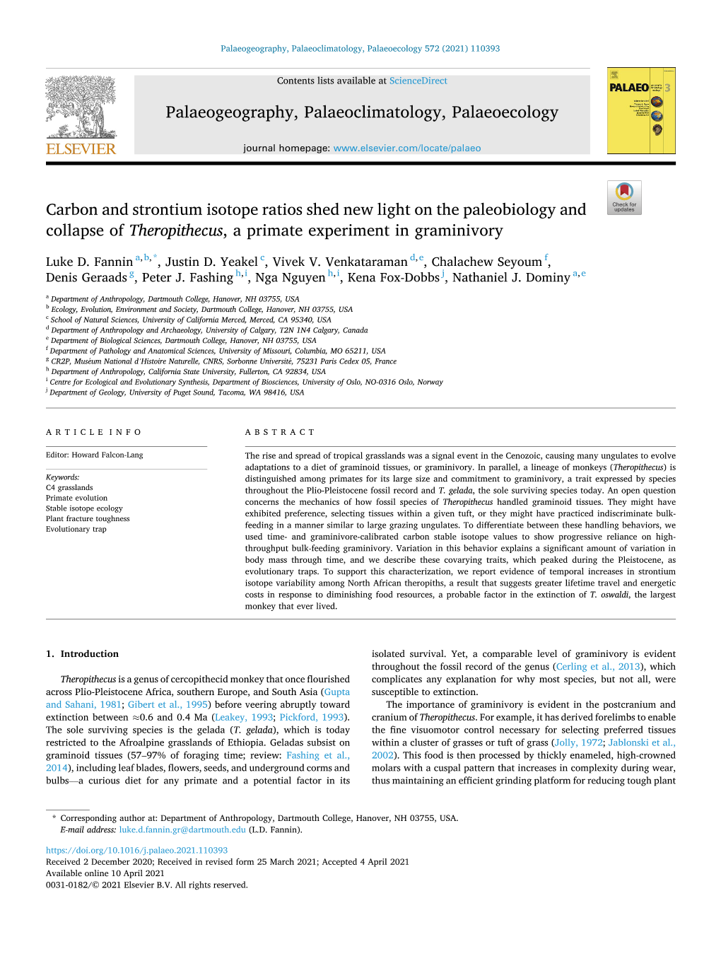 Carbon and Strontium Isotope Ratios Shed New Light on the Paleobiology and Collapse of Theropithecus, a Primate Experiment in Graminivory