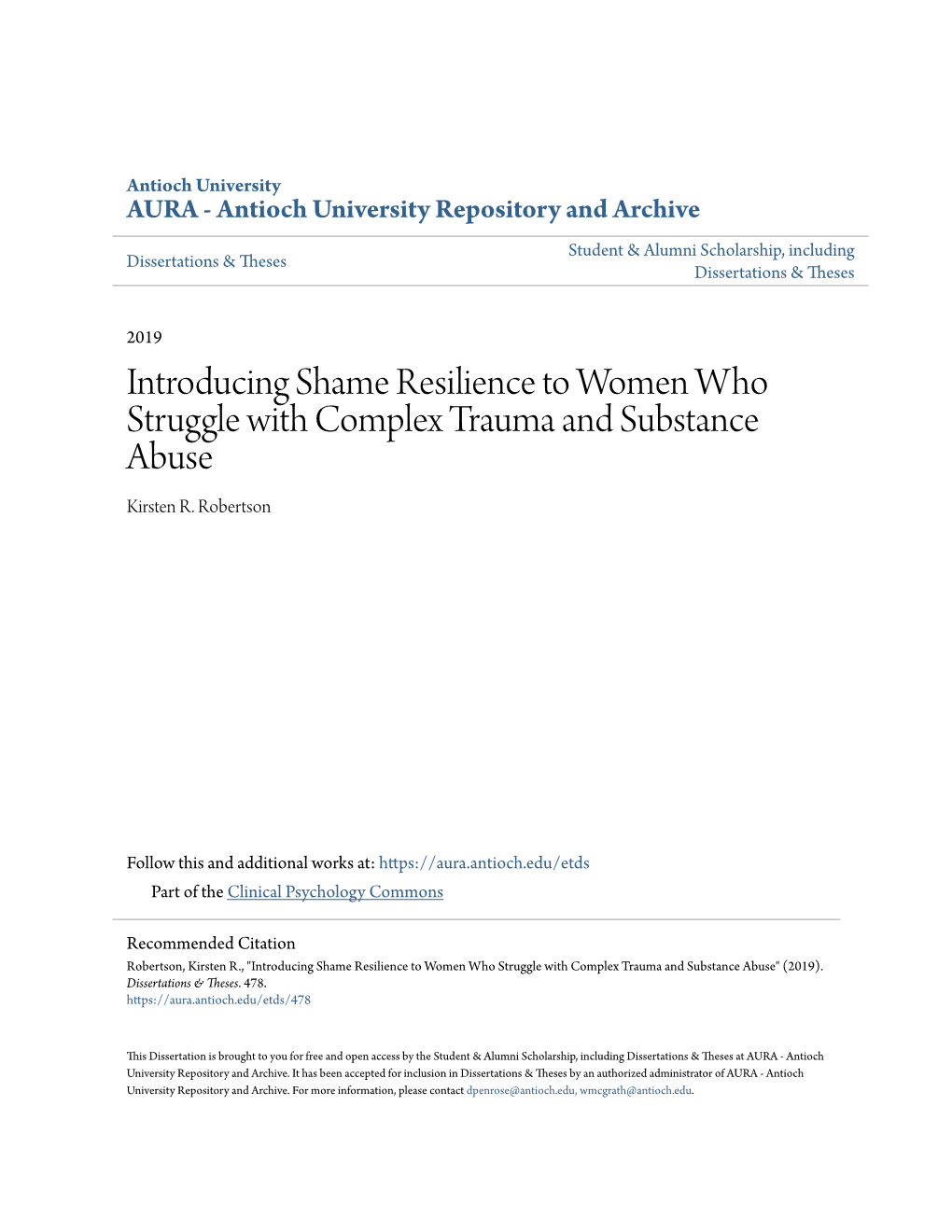 Introducing Shame Resilience to Women Who Struggle with Complex Trauma and Substance Abuse Kirsten R