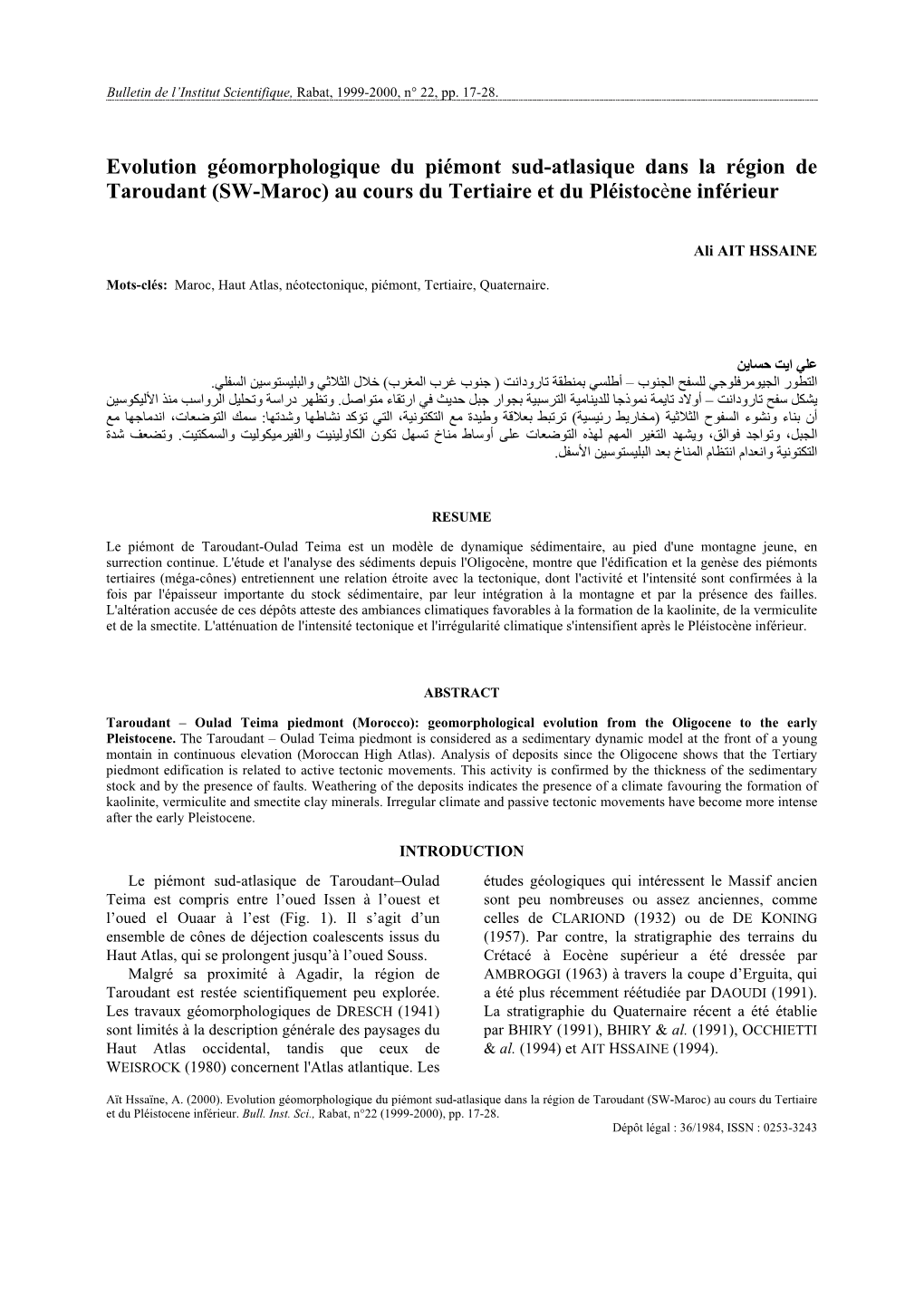 Evolution Géomorphologique Du Piémont Sud-Atlasique Dans La Région De Taroudant (SW-Maroc) Au Cours Du Tertiaire Et Du Pléistocène Inférieur