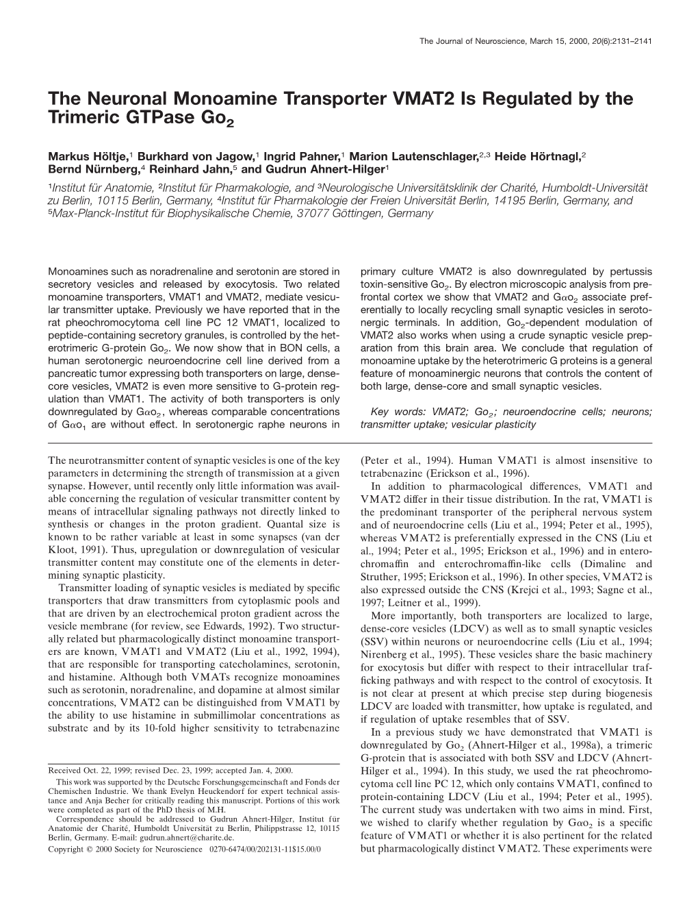 The Neuronal Monoamine Transporter VMAT2 Is Regulated by the Trimeric Gtpase Go2