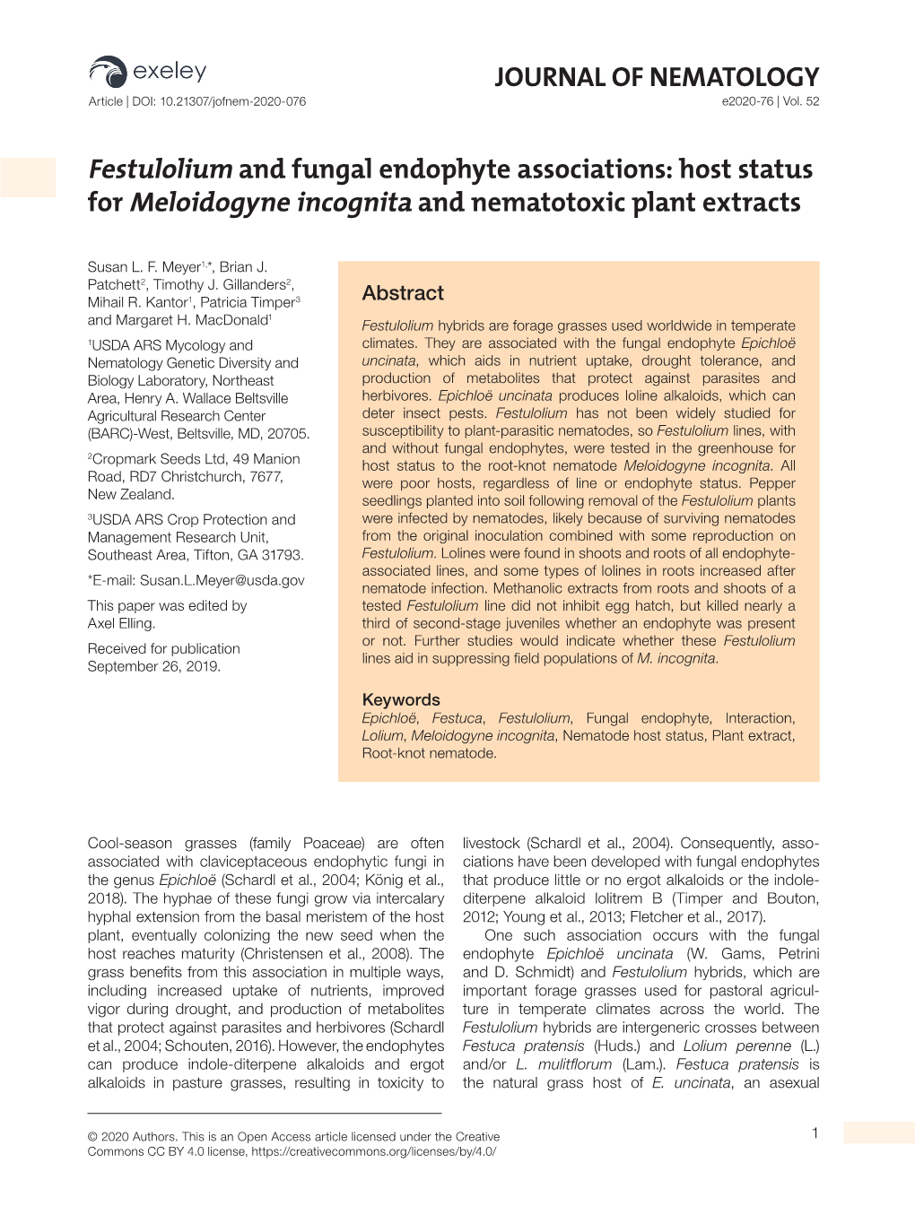 JOURNAL of NEMATOLOGY Festulolium and Fungal