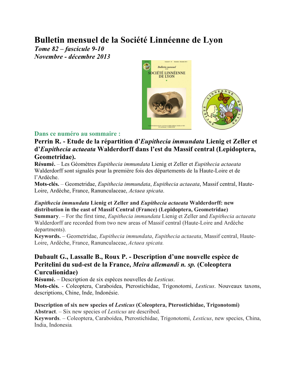 Bulletin Mensuel De La Société Linnéenne De Lyon Tome 82 – Fascicule 9-10 Novembre - Décembre 2013