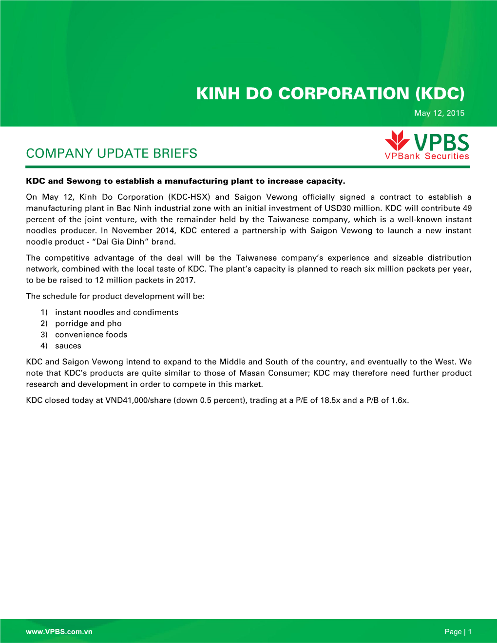 KINH DO CORPORATION (KDC) May 12, 2015