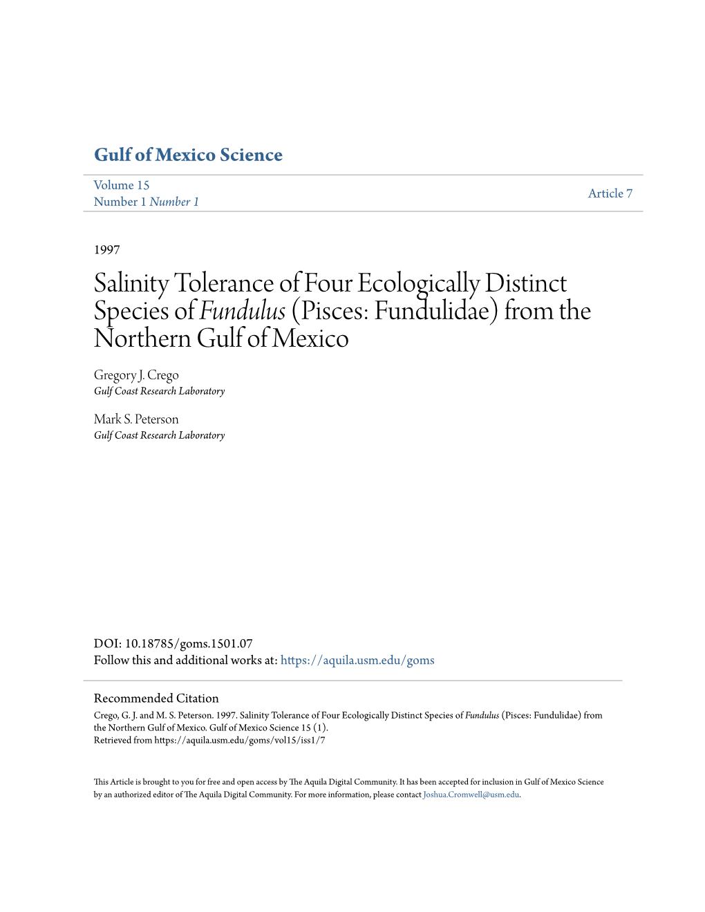 Salinity Tolerance of Four Ecologically Distinct Species of Fundulus (Pisces: Fundulidae) from the Northern Gulf of Mexico Gregory J