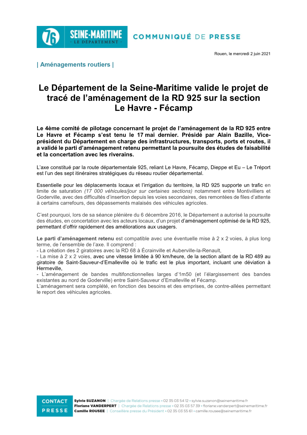 Le Département De La Seine-Maritime Valide Le Projet De Tracé De L’Aménagement De La RD 925 Sur La Section Le Havre - Fécamp