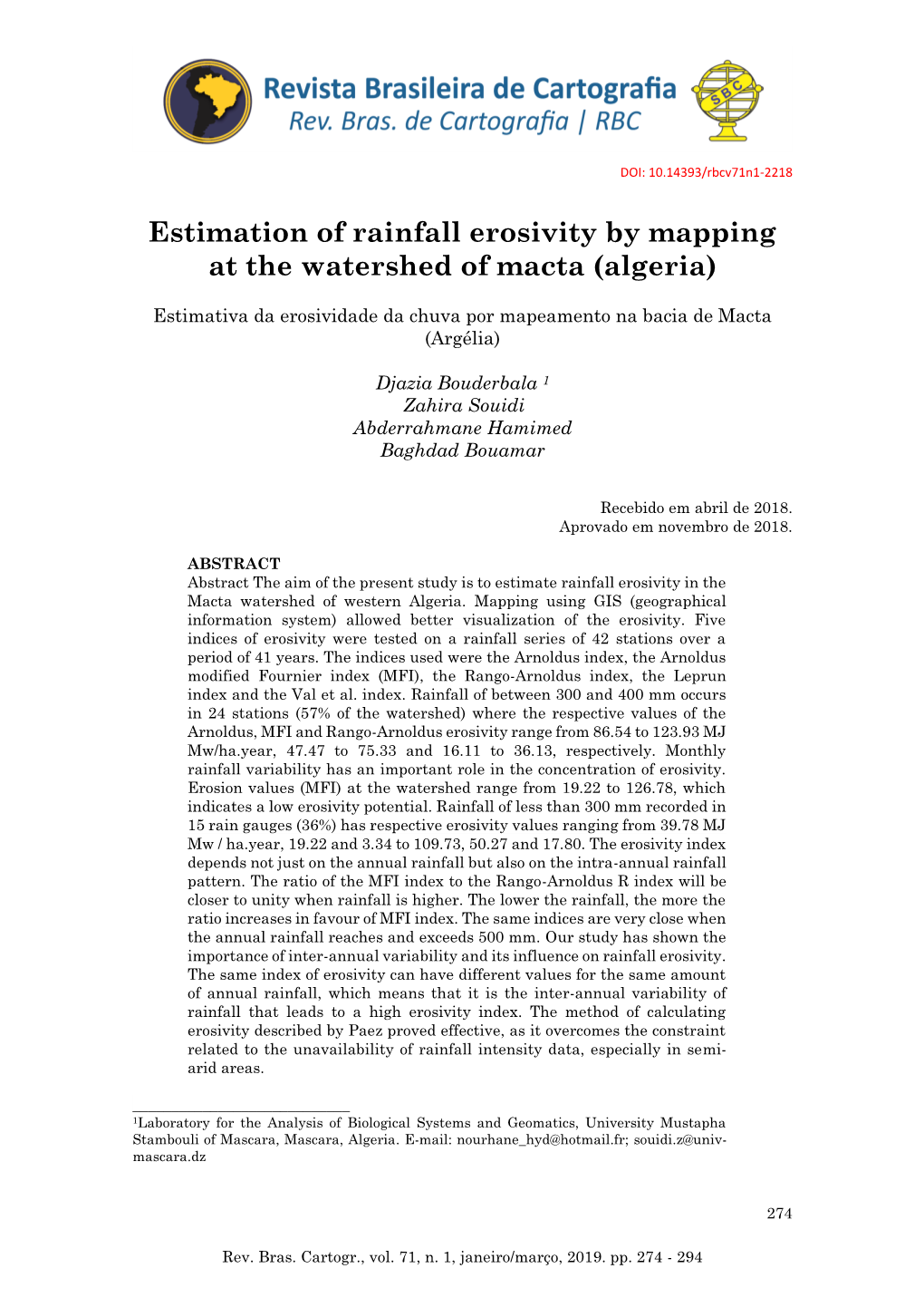 Estimation of Rainfall Erosivity by Mapping at the Watershed of Macta (Algeria)
