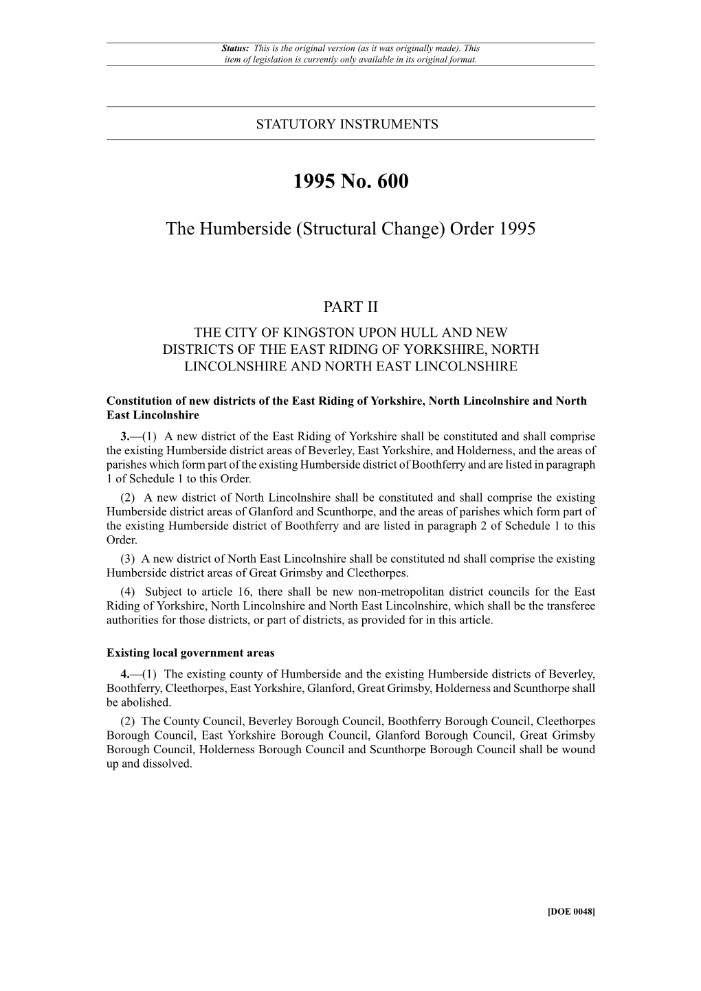 The Humberside (Structural Change) Order 1995