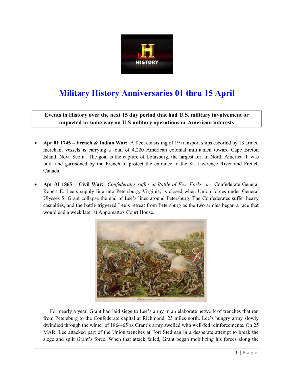 Military History Anniversaries 01 Thru 15 April