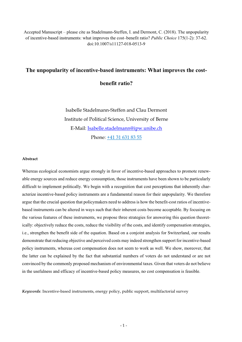 The Unpopularity of Incentive-Based Instruments: What Improves the Cost–Benefit Ratio? Public Choice 175(1-2): 37-62