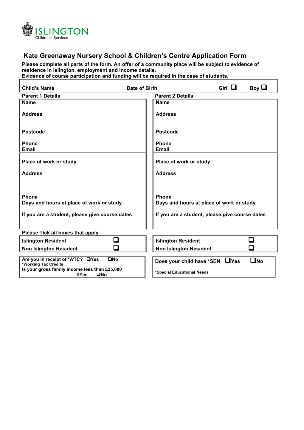 Kate Greenaway Nursery School & Children S Centre Application Form