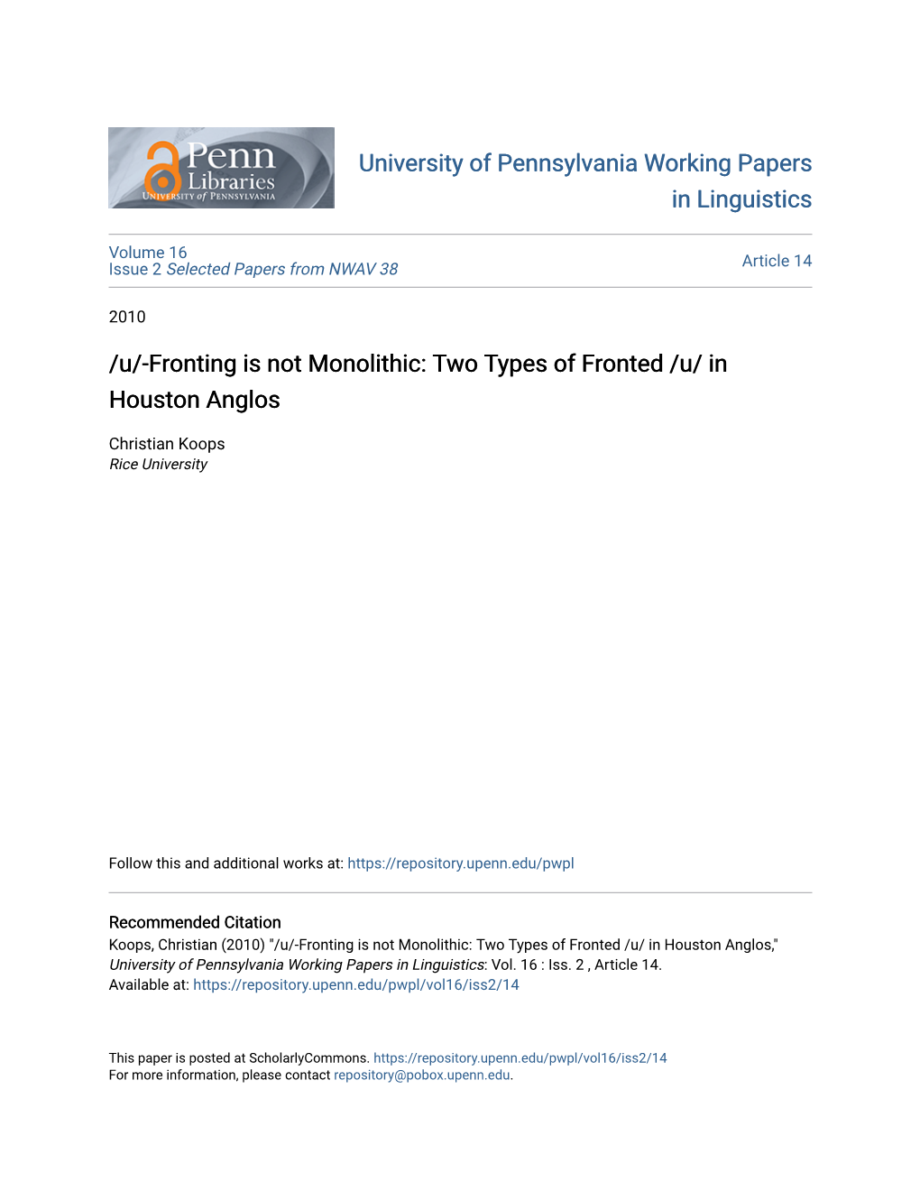 U/-Fronting Is Not Monolithic: Two Types of Fronted /U/ in Houston Anglos