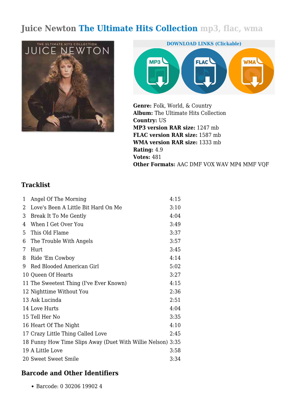 Juice Newton the Ultimate Hits Collection Mp3, Flac, Wma