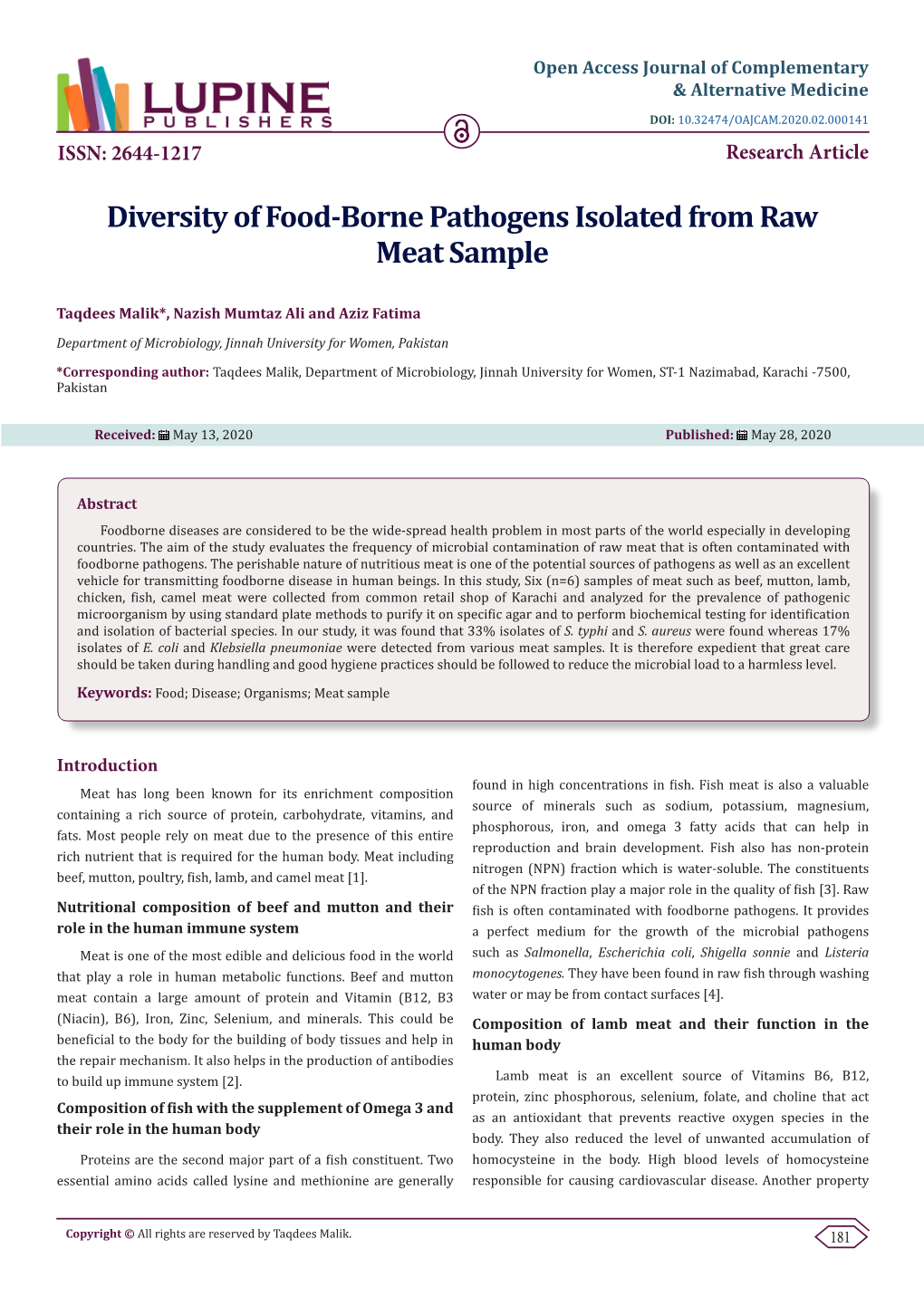 Diversity of Food-Borne Pathogens Isolated from Raw Meat Sample