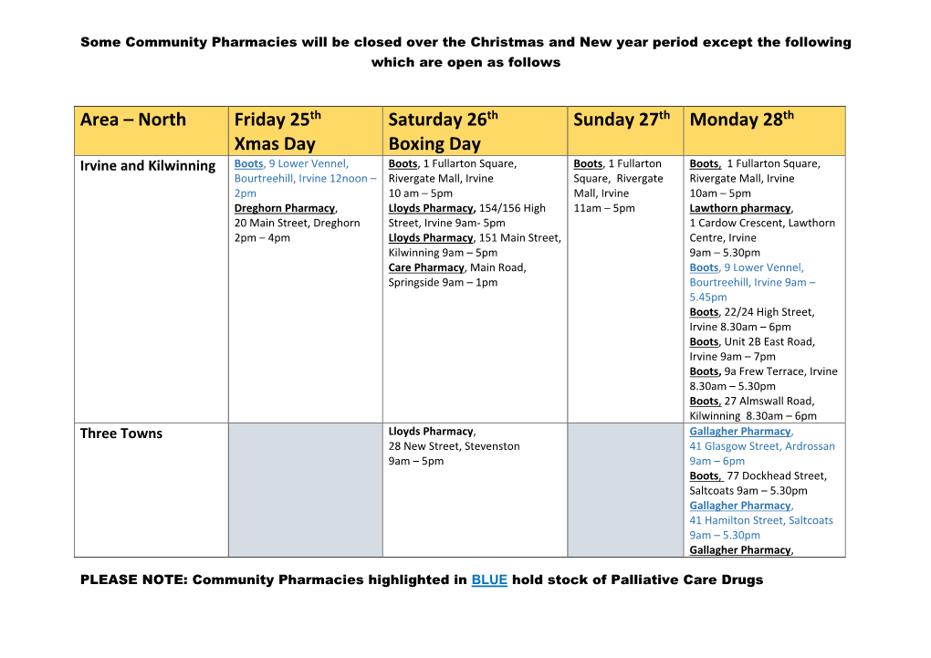 Area – North Friday 25Th Xmas Day Saturday 26Th Boxing Day Sunday