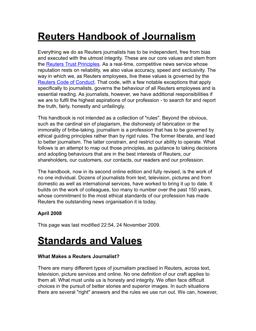 Reuters Handbook of Journalism Standards and Values