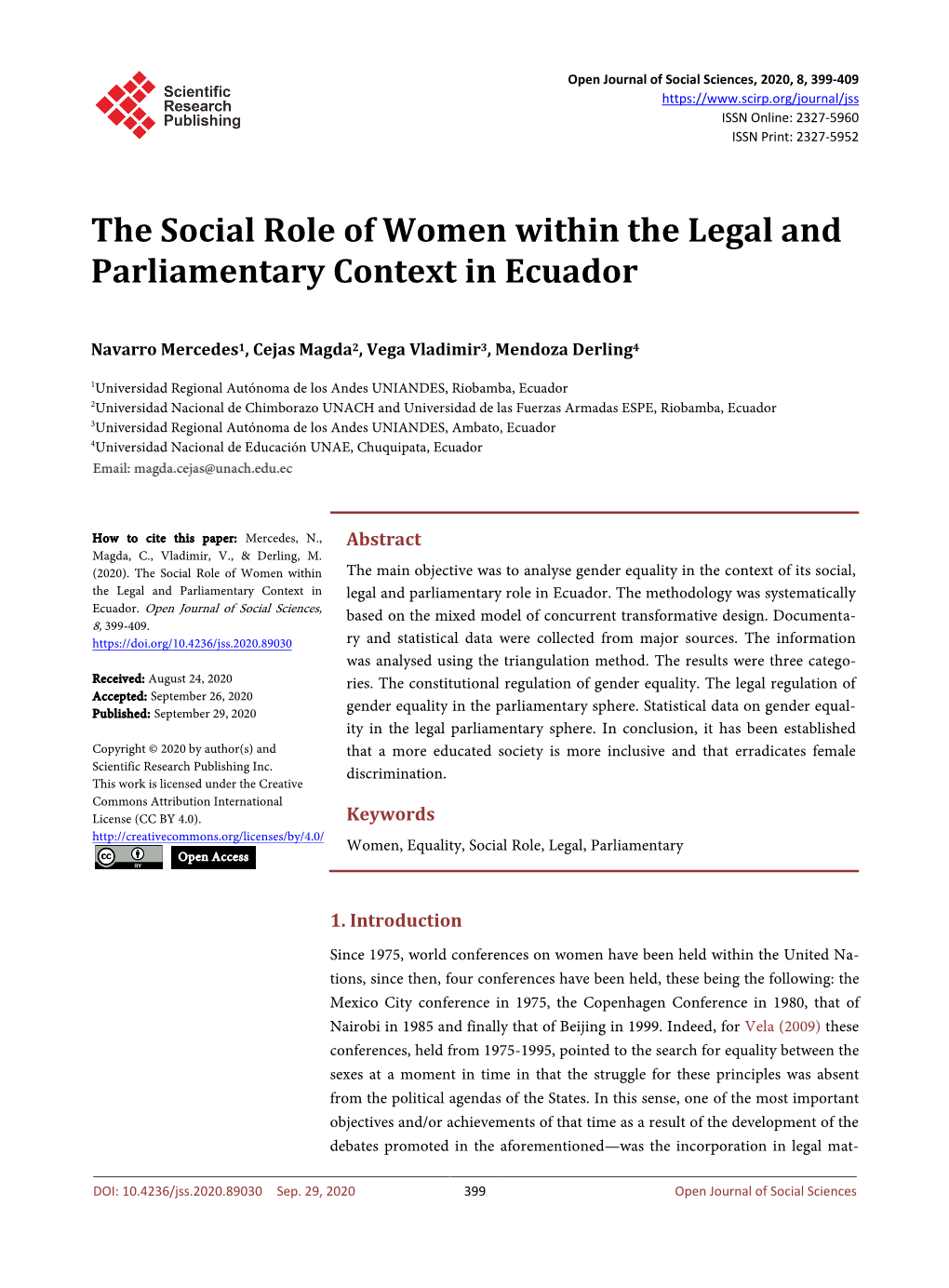 The Social Role of Women Within the Legal and Parliamentary Context in Ecuador