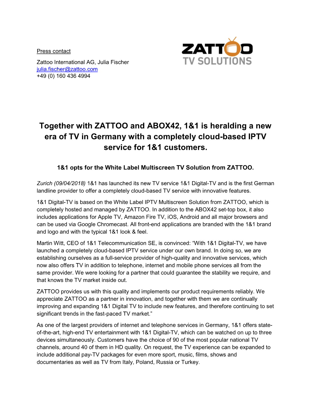 Together with ZATTOO and ABOX42, 1&1 Is Heralding a New Era of TV In