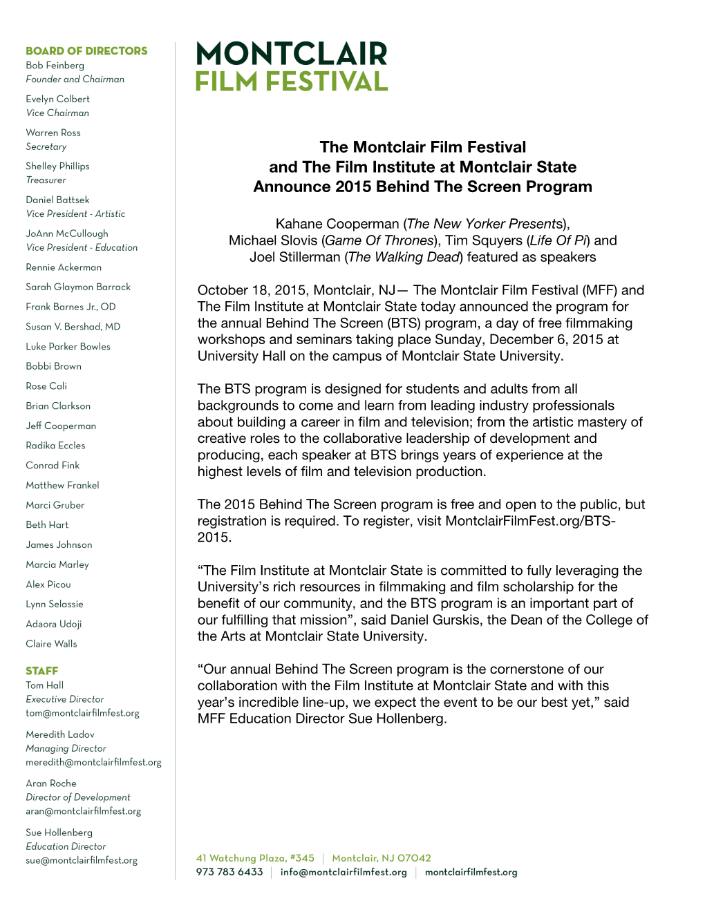 MFF and MSU Announce 2015 Behind the Screen