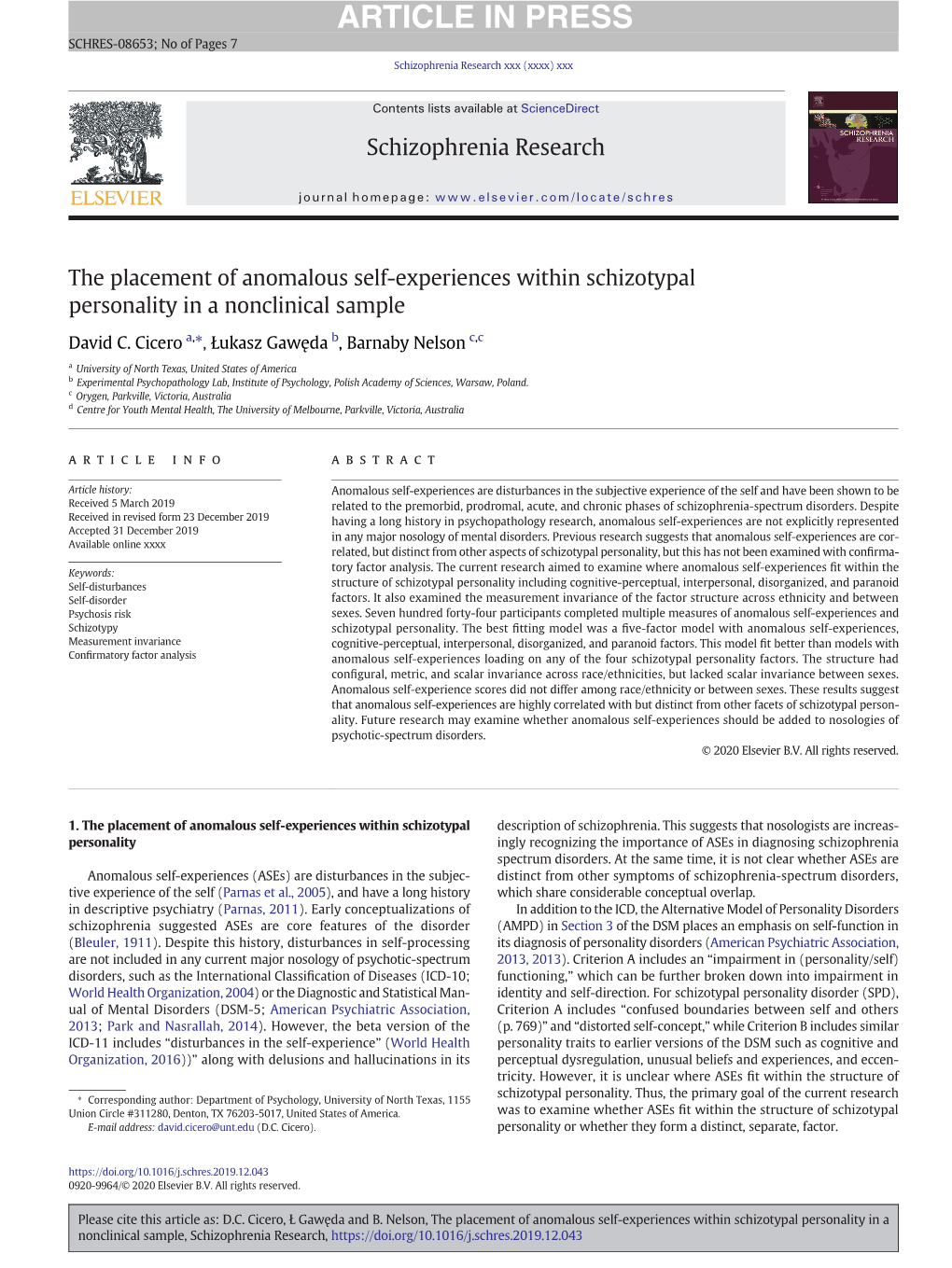 The Placement of Anomalous Self-Experiences Within Schizotypal Personality in a Nonclinical Sample