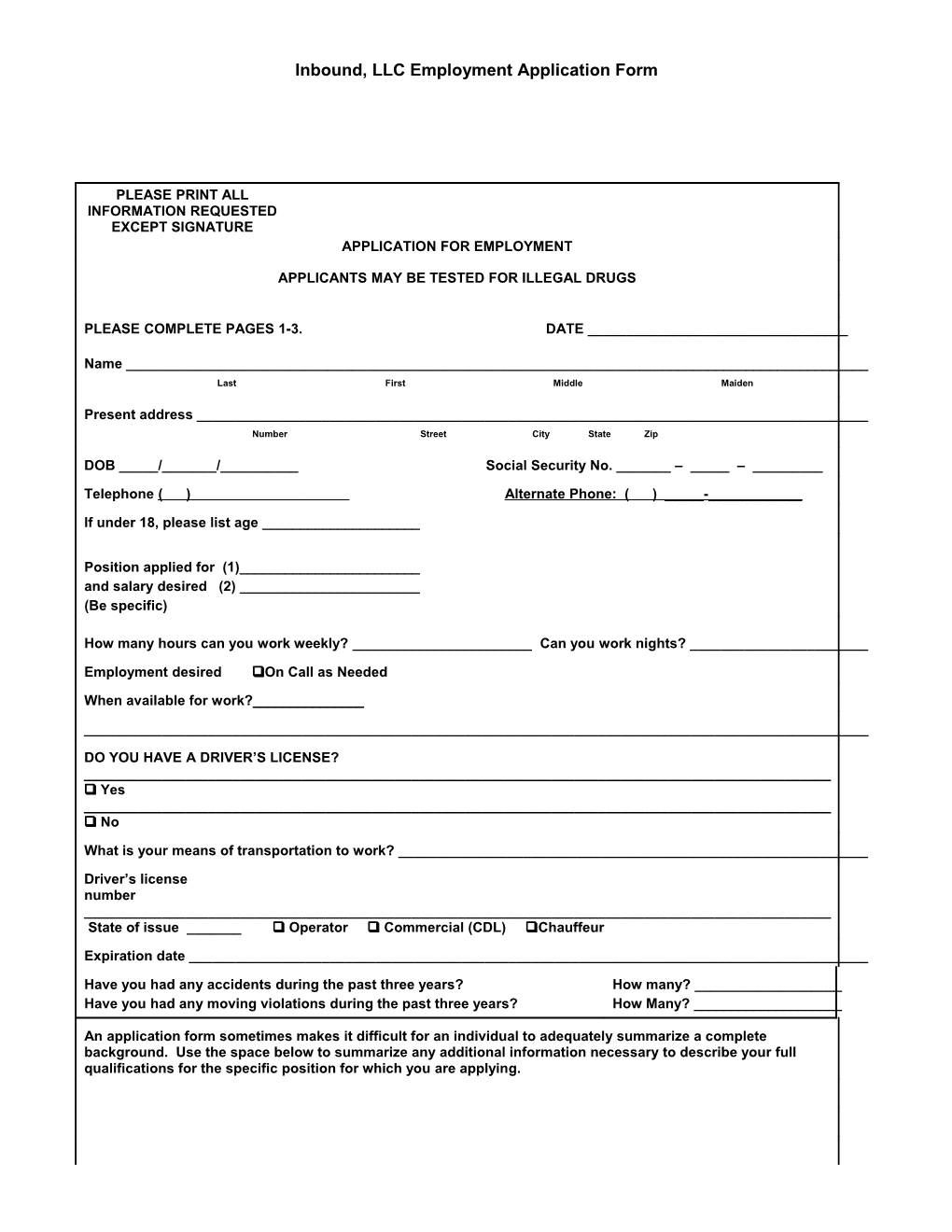 Inbound, LLC Employment Application Form