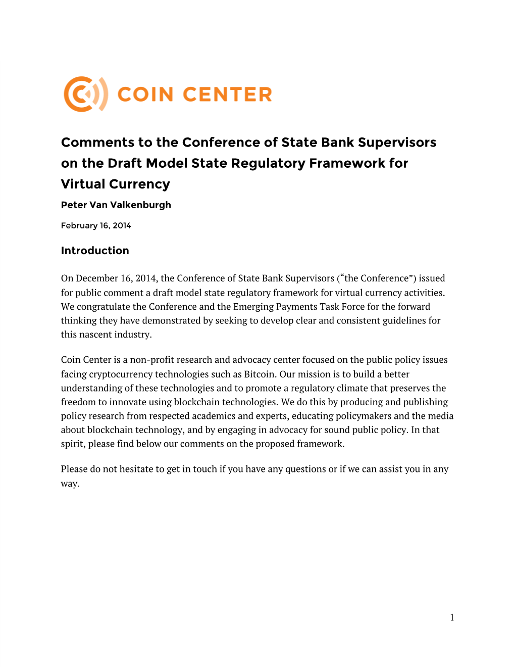 Comments to the Conference of State Bank Supervisors on the Draft Model State Regulatory Framework for Virtual Currency