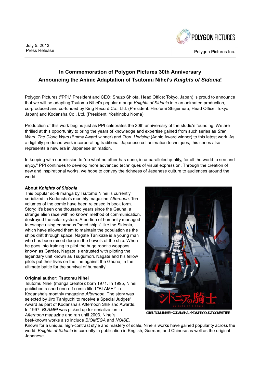 In Commemoration of Polygon Pictures 30Th Anniversary Announcing the Anime Adaptation of Tsutomu Nihei's Knights of Sidonia!