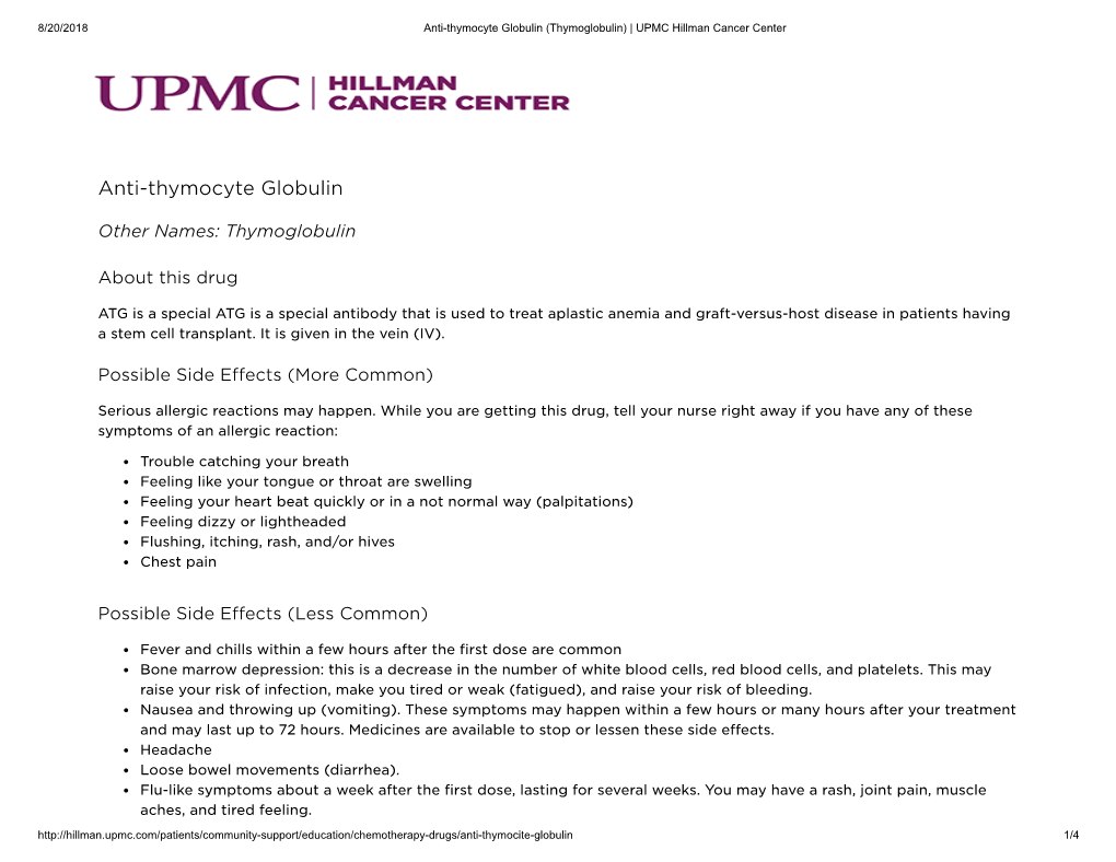 Anti-Thymocyte Globulin (Thymoglobulin) | UPMC Hillman Cancer Center