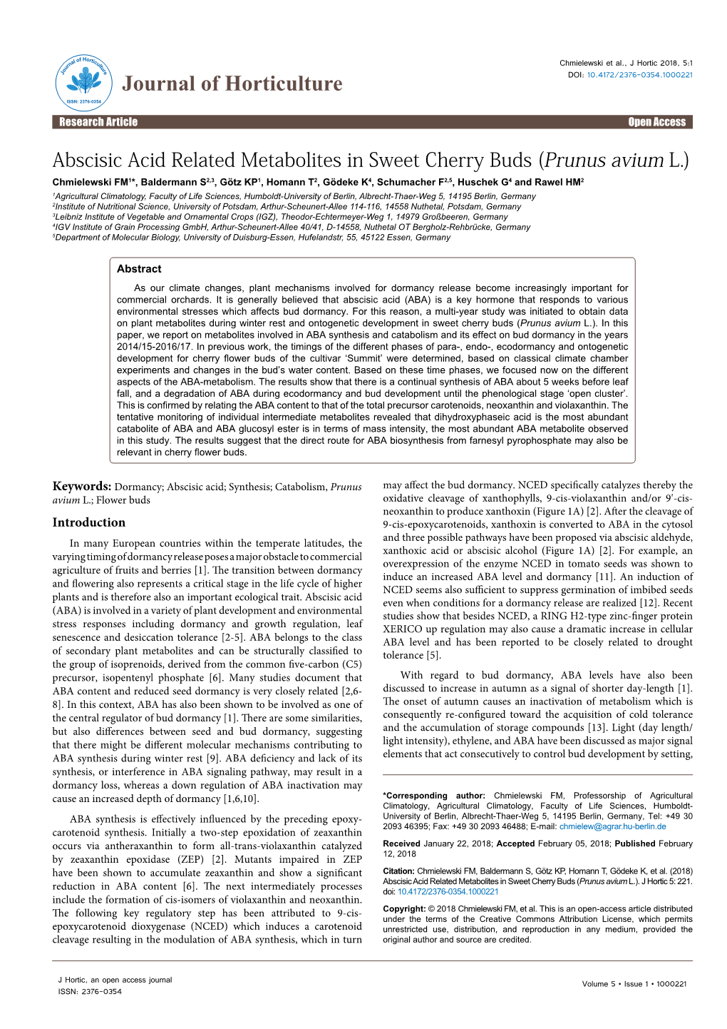 Abscisic Acid Related Metabolites in Sweet Cherry Buds (Prunus Avium