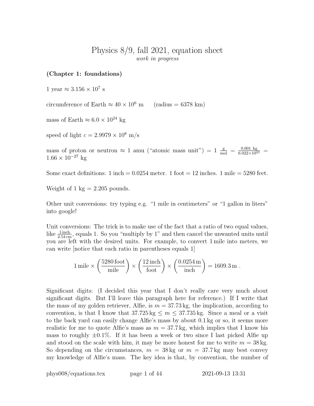 Physics 8/9, Fall 2019, Equation Sheet