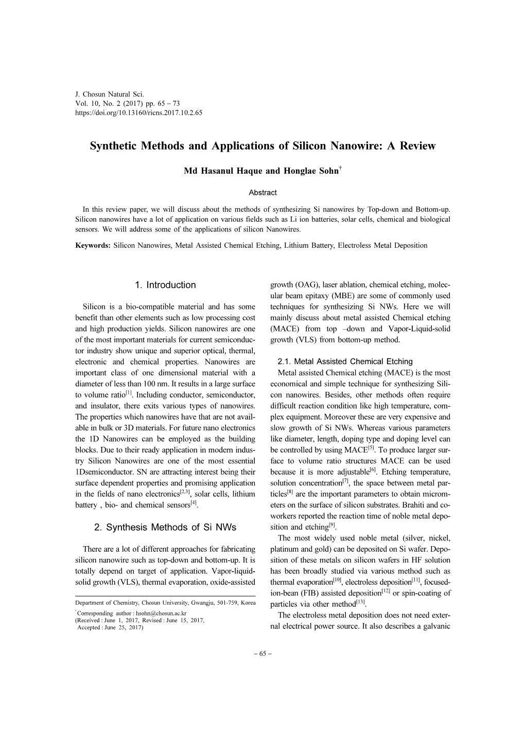 Synthetic Methods and Applications of Silicon Nanowire: a Review