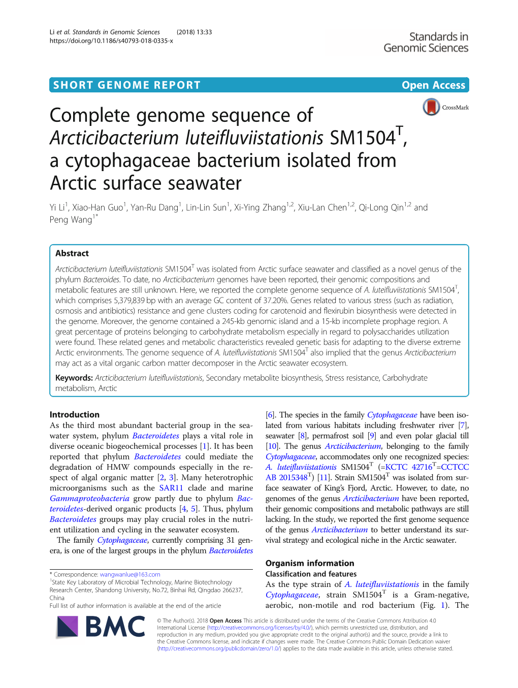 Complete Genome Sequence of Arcticibacterium Luteifluviistationis SM1504T, a Cytophagaceae Bacterium Isolated from Arctic Surfac