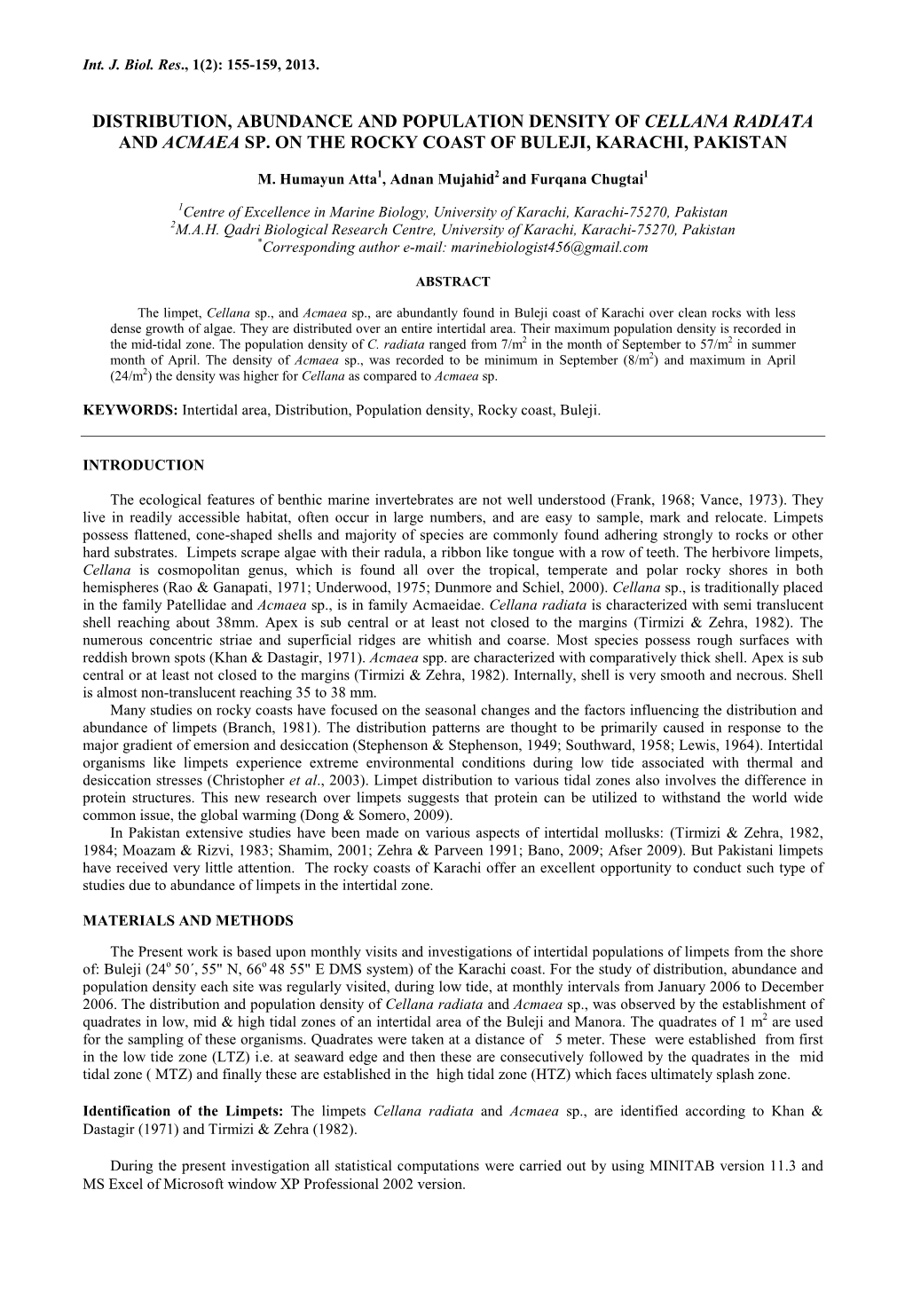 Distribution, Abundance and Population Density of Cellana Radiata and Acmaea Sp