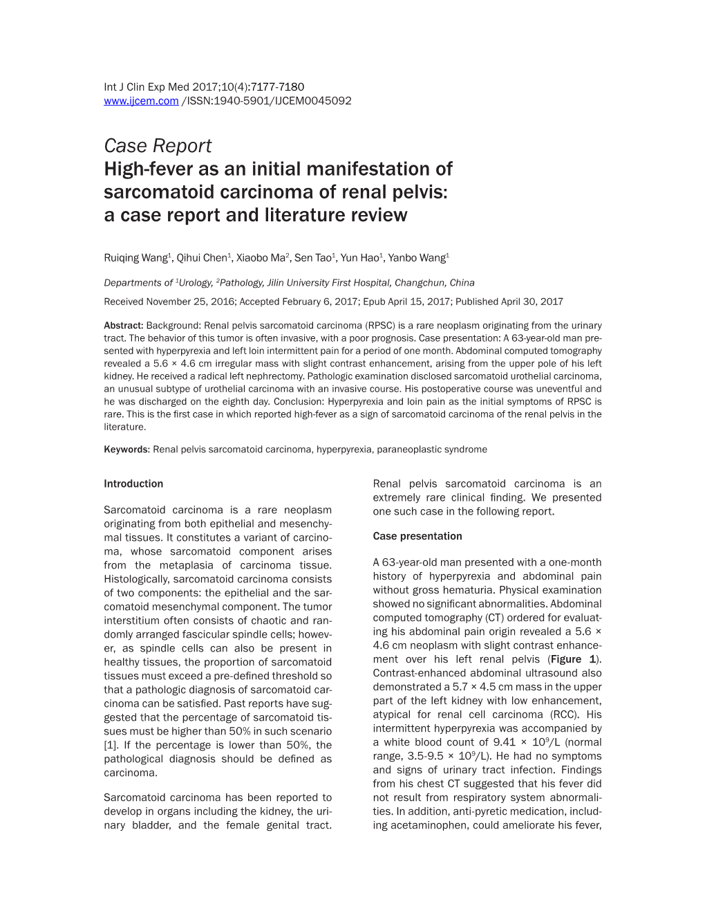 Case Report High-Fever As an Initial Manifestation of Sarcomatoid Carcinoma of Renal Pelvis: a Case Report and Literature Review