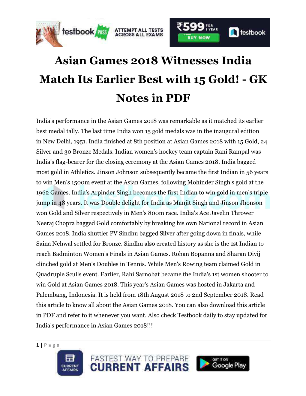 Asian Games 2018 Witnesses India Match Its Earlier Best with 15 Gold! - GK Notes in PDF