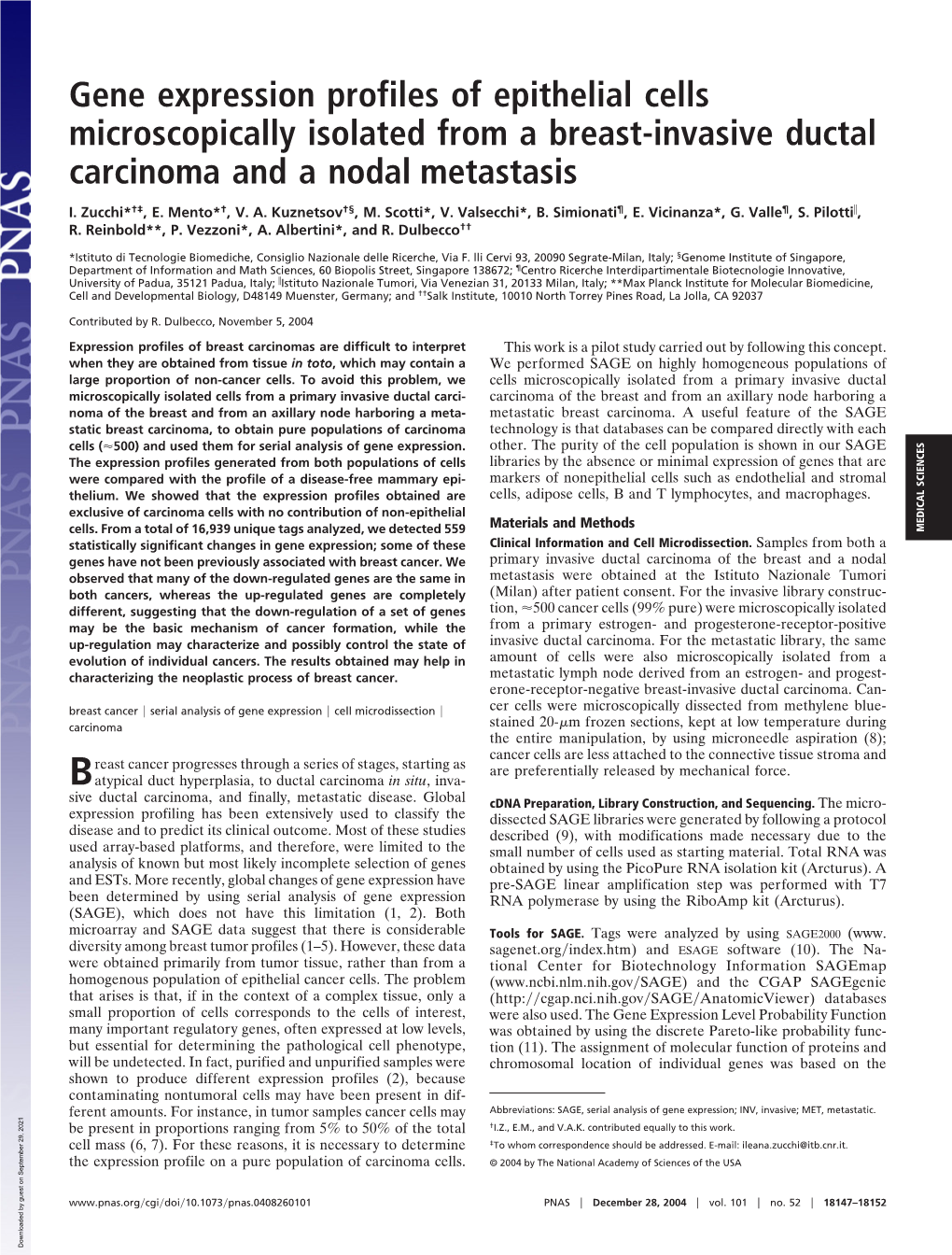 Gene Expression Profiles of Epithelial Cells Microscopically Isolated from a Breast-Invasive Ductal Carcinoma and a Nodal Metastasis