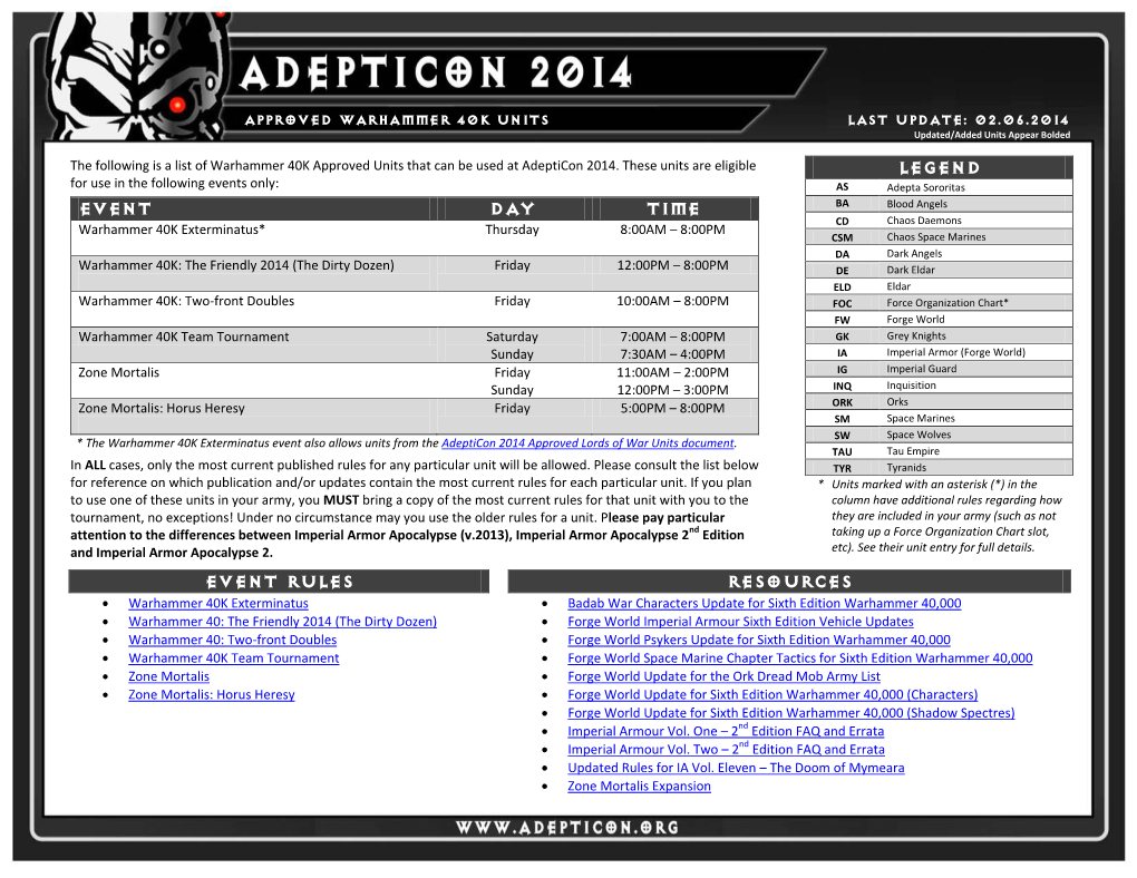 APPROVED WARHAMMER 40K UNITS LAST UPDATE: 02.06.2014 Updated/Added Units Appear Bolded